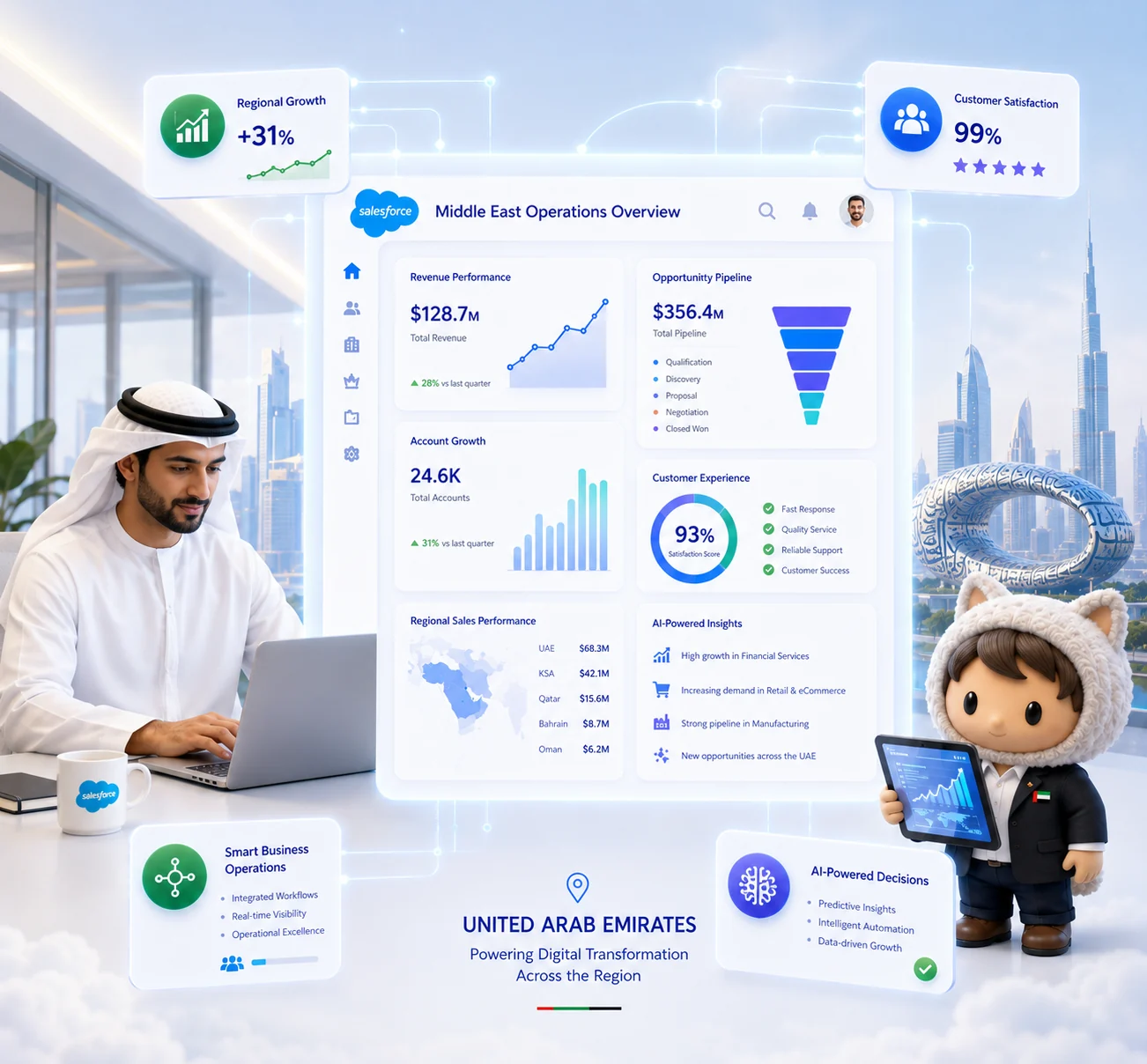 A business professional in traditional Emirati attire works on a laptop displaying Salesforce Middle East operations data in a Dubai cityscape.