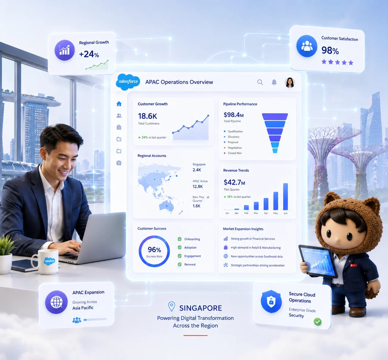 Business dashboard showing APAC operations data with customer growth, revenue trends, and market insights, set against a Singapore skyline background.