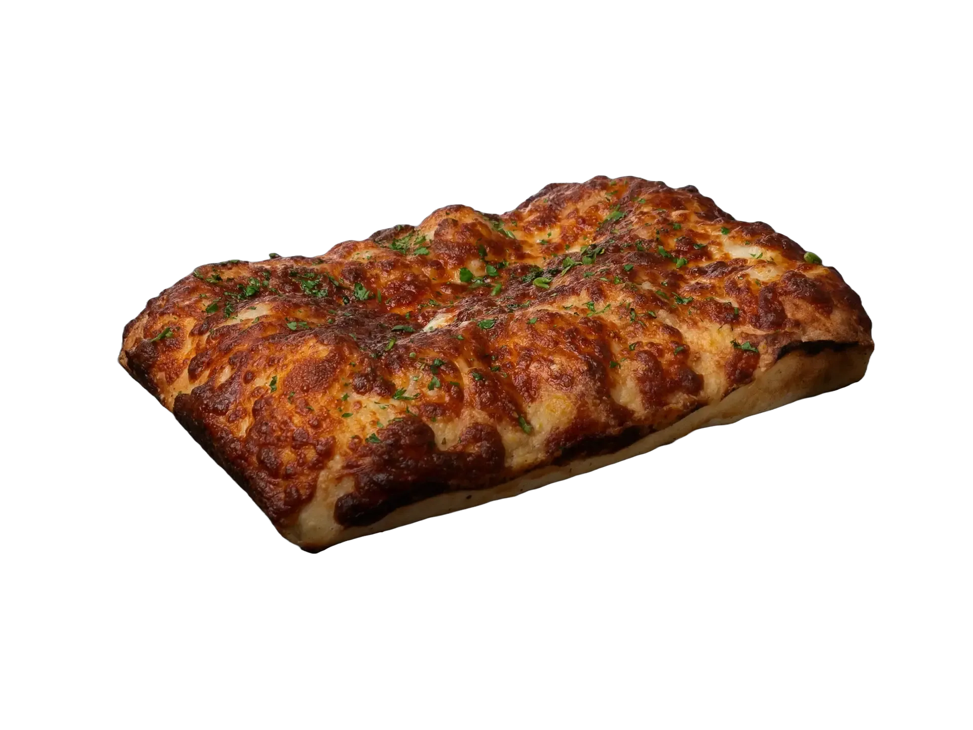 Sajtos pizza aranybarnára sült, ropogós tésztával és friss zöld fűszerrel megszórva.