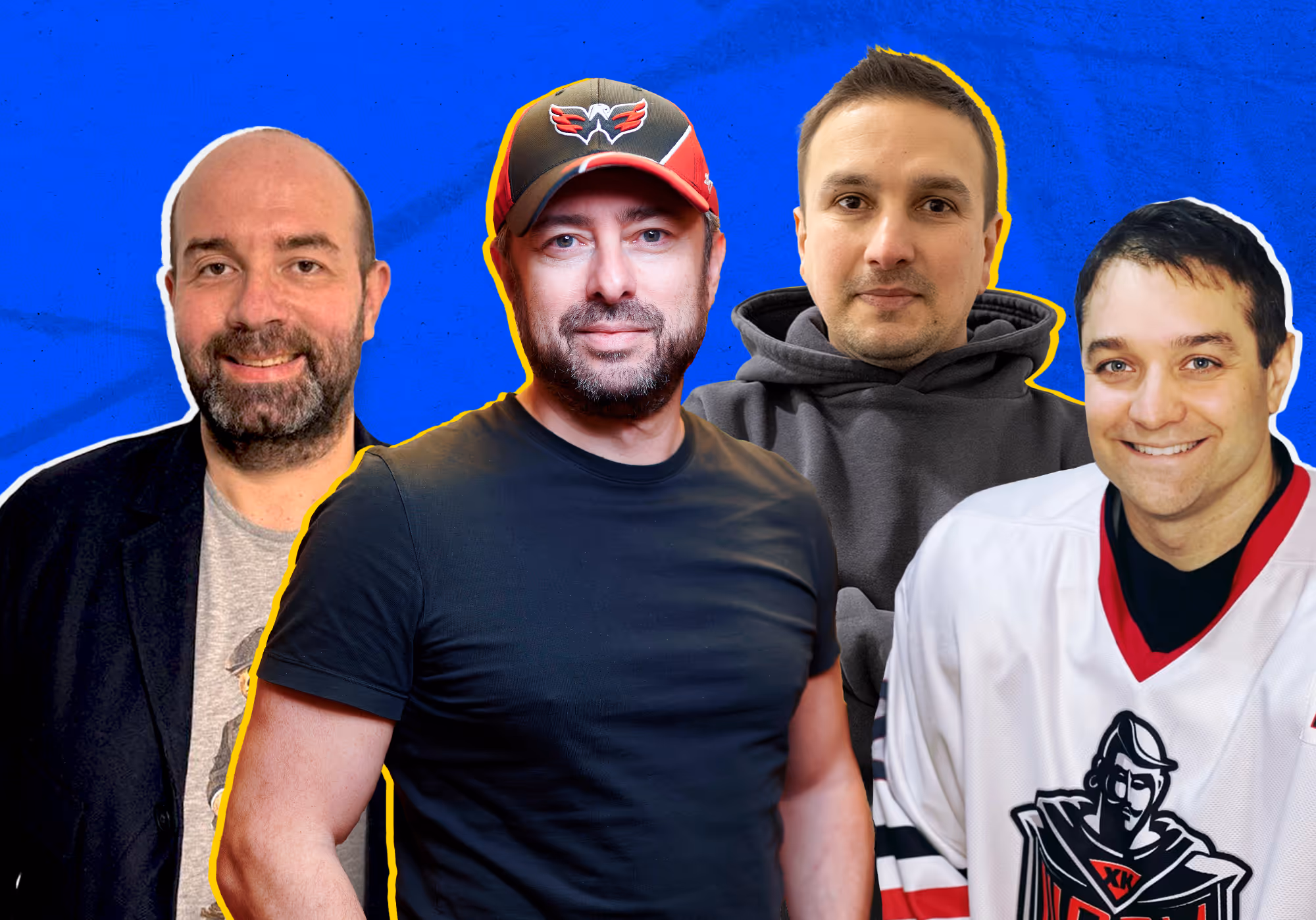 Four men standing in a row against a blue background, one wearing a black t-shirt and a sports cap, another in a hoodie, one in a dark jacket, and the last in a white sports jersey.