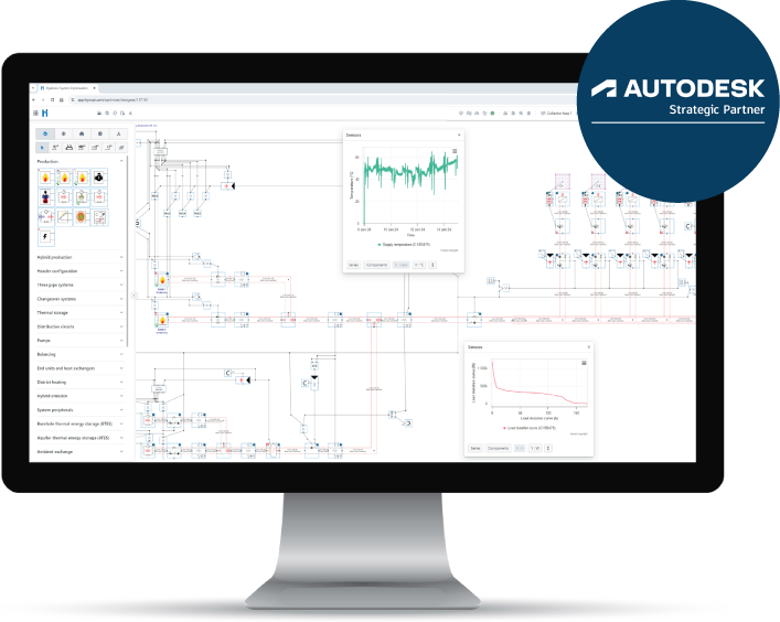 Screenshot of Hysopt HVAC engineering software interface displaying energy simulation, system validation, and digital twin modelling for heating and cooling systems.
