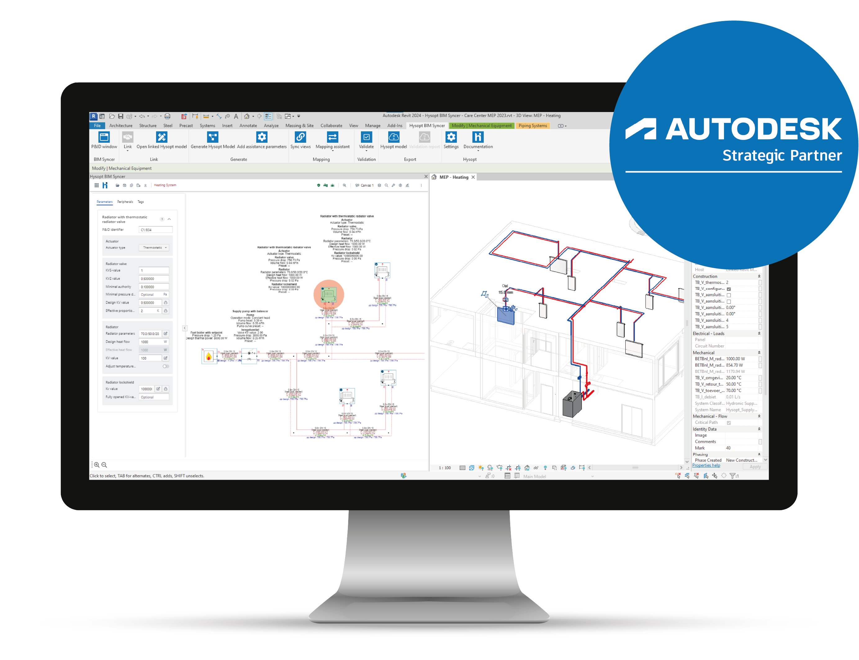 Screenshot of Hysopt BIM Syncer interface showing real-time synchronisation between HVAC schematic and BIM model, with validated component mapping and data exchange.