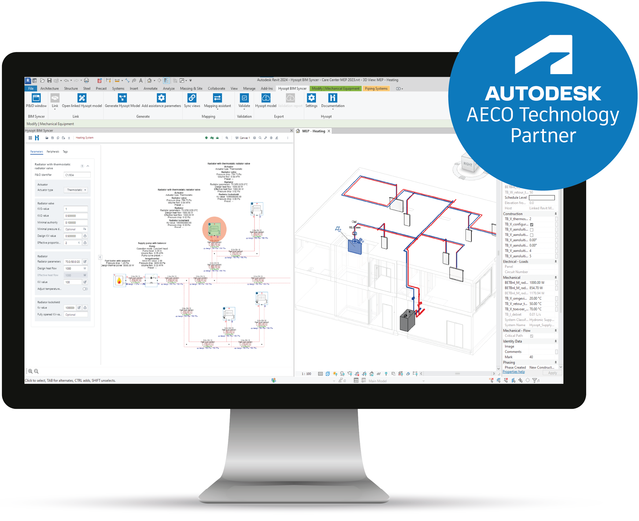 Screenshot of Hysopt BIM Syncer interface showing real-time synchronisation between HVAC schematic and BIM model, with validated component mapping and data exchange.