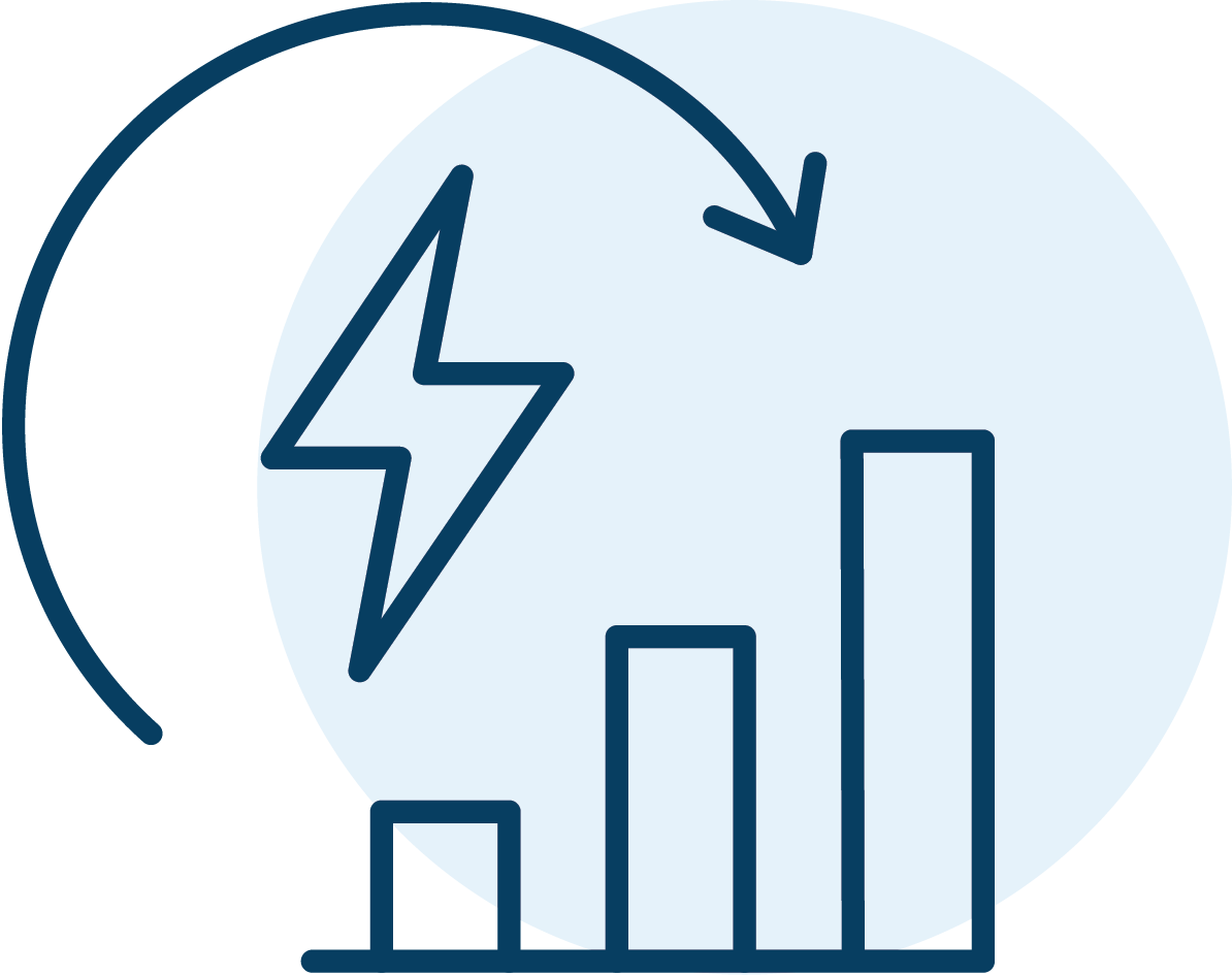 Energy icon with an arrow circling a lightning bolt over ascending bar chart.