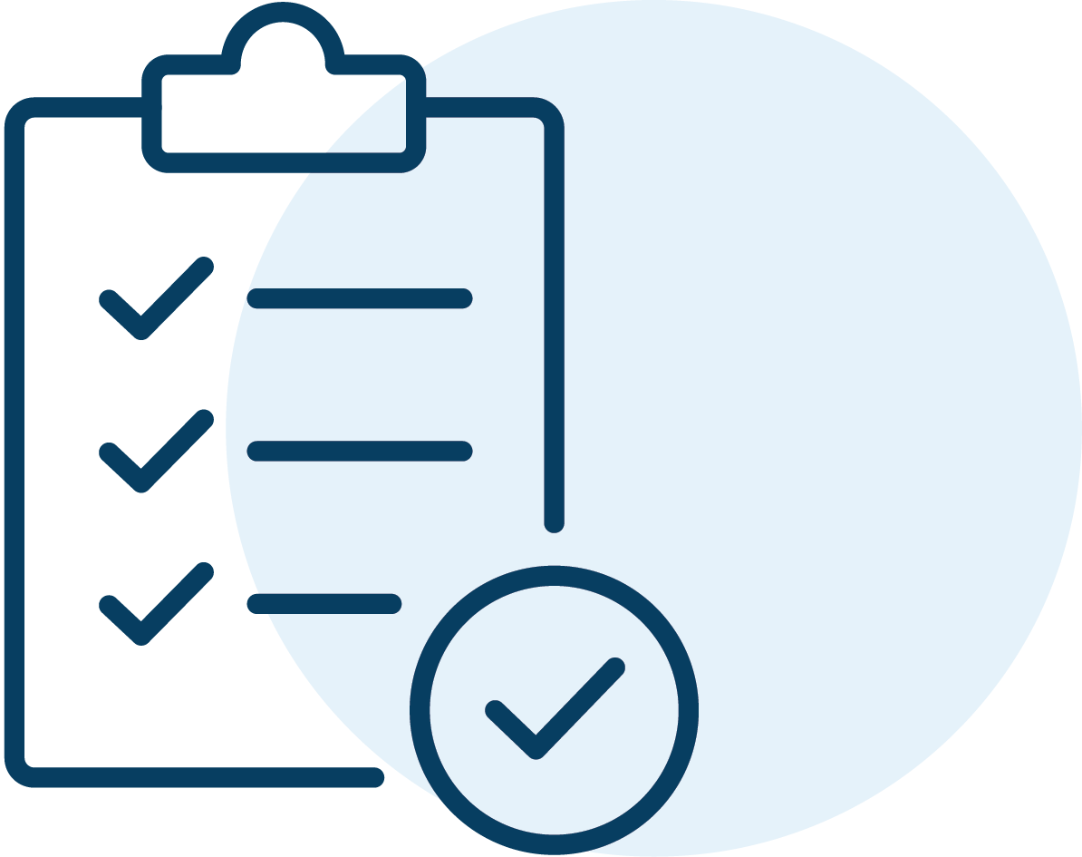 Clipboard with three check marks and a large check inside a circle on a blue oval background.