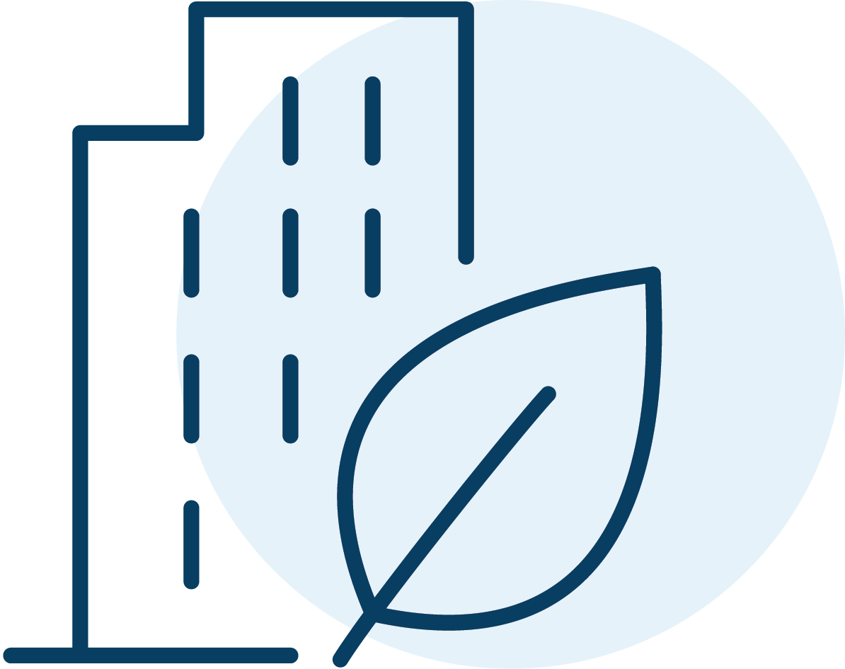 Outline of a building with a large leaf in the foreground symbolizing eco-friendly or sustainable building.