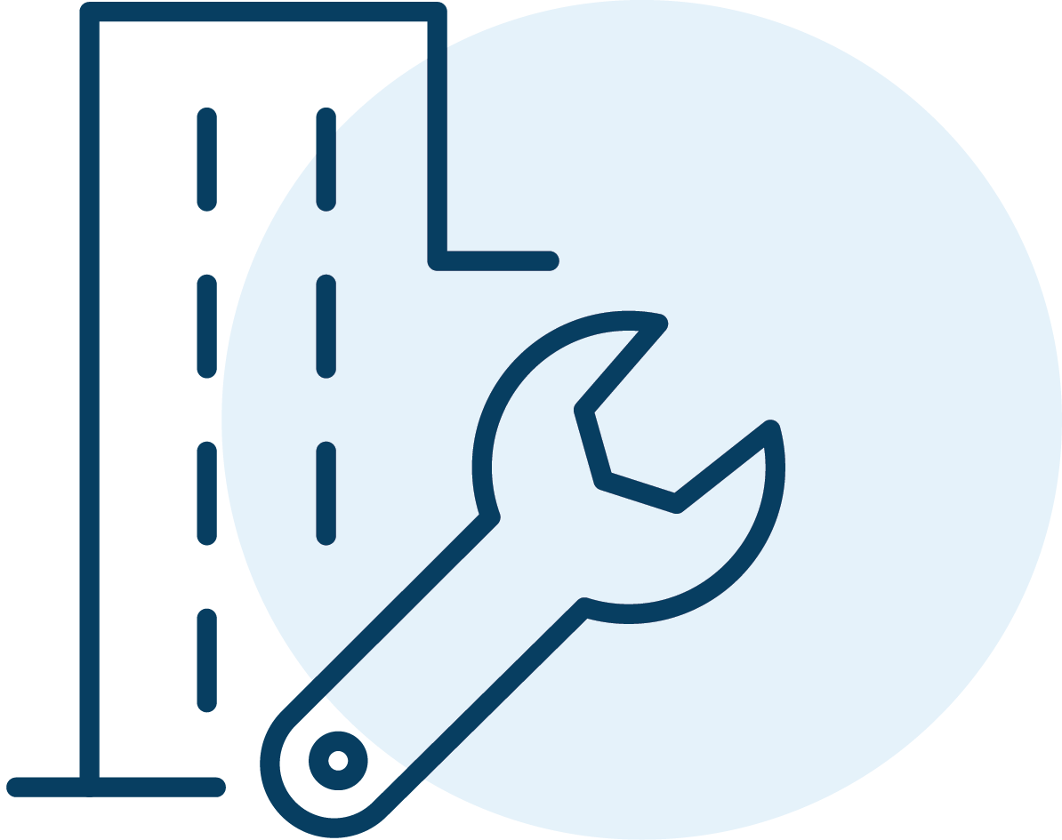 Icon of a building outline with a wrench overlay, symbolizing building repair or maintenance.