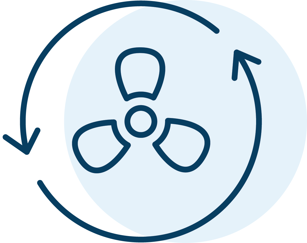 Icon of a three-blade fan with circular arrows around it representing rotation or airflow.