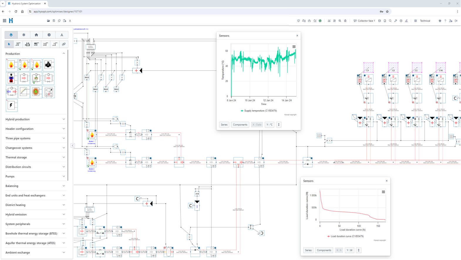 Screenshot of Hysopt HVAC engineering software interface displaying energy simulation, system validation, and digital twin modelling for heating and cooling systems.