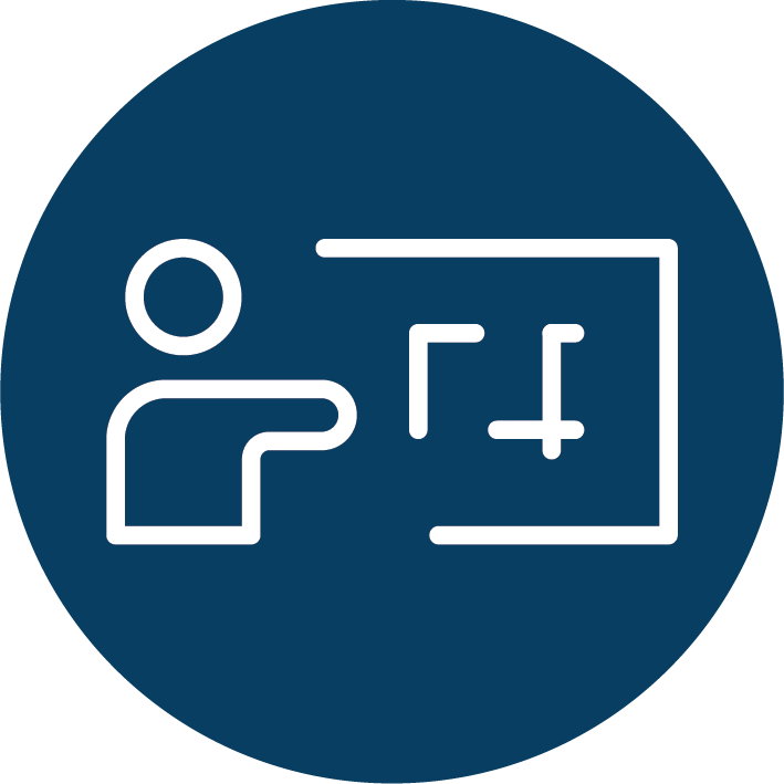Icon of a person pointing at a presentation board with geometric shapes on a dark blue circle background.