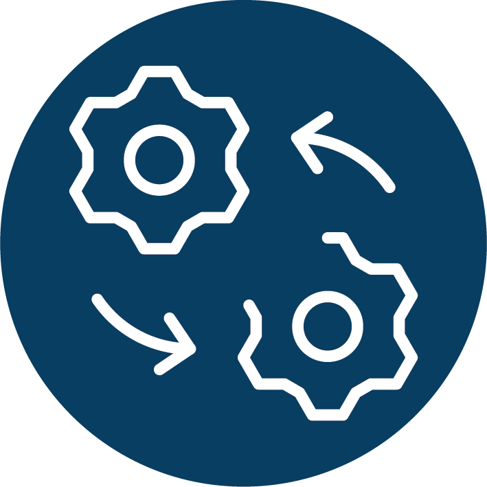 Two white gears with arrows showing rotation inside a dark blue circle.