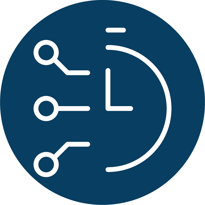 White clock icon with three connected nodes on left inside dark blue circle.