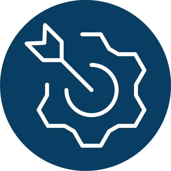 White arrow hitting the center of a gear symbol on a dark blue circular background.