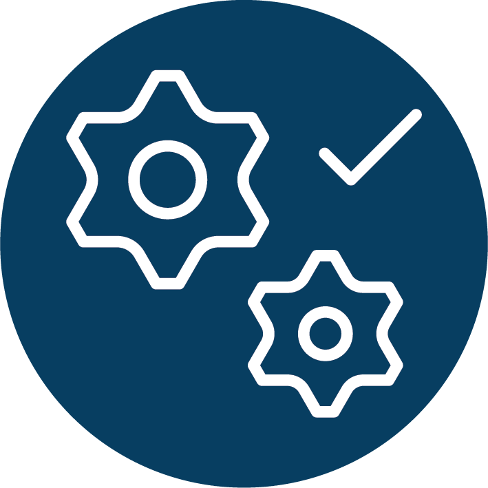 Two white gear icons with a checkmark on a dark blue circular background.