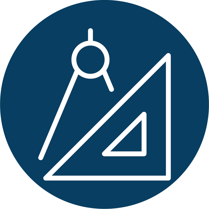 White compass and triangular ruler icon on a dark blue circular background.