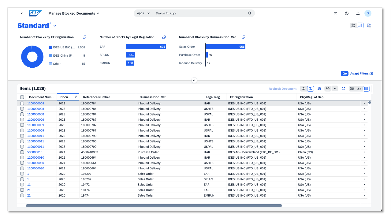 Screenshot Fiori App: Gesperrte Belege verwalten