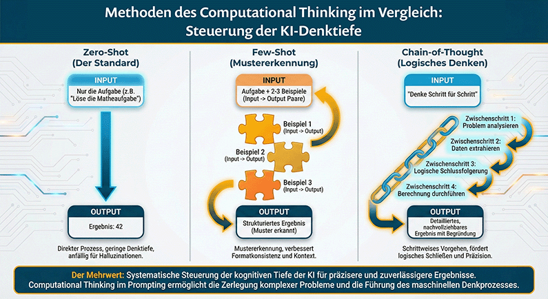 Infografik zu Computational Thinking Methoden: Zero-Shot, Few-Shot und Chain-of-Thought