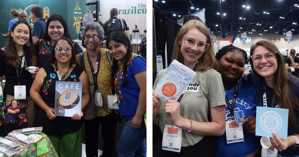 Coffee professionals from Mayan Harvest and Bridge City Coffee at the 2025 Specialty Coffee Expo in Houston, Texas.