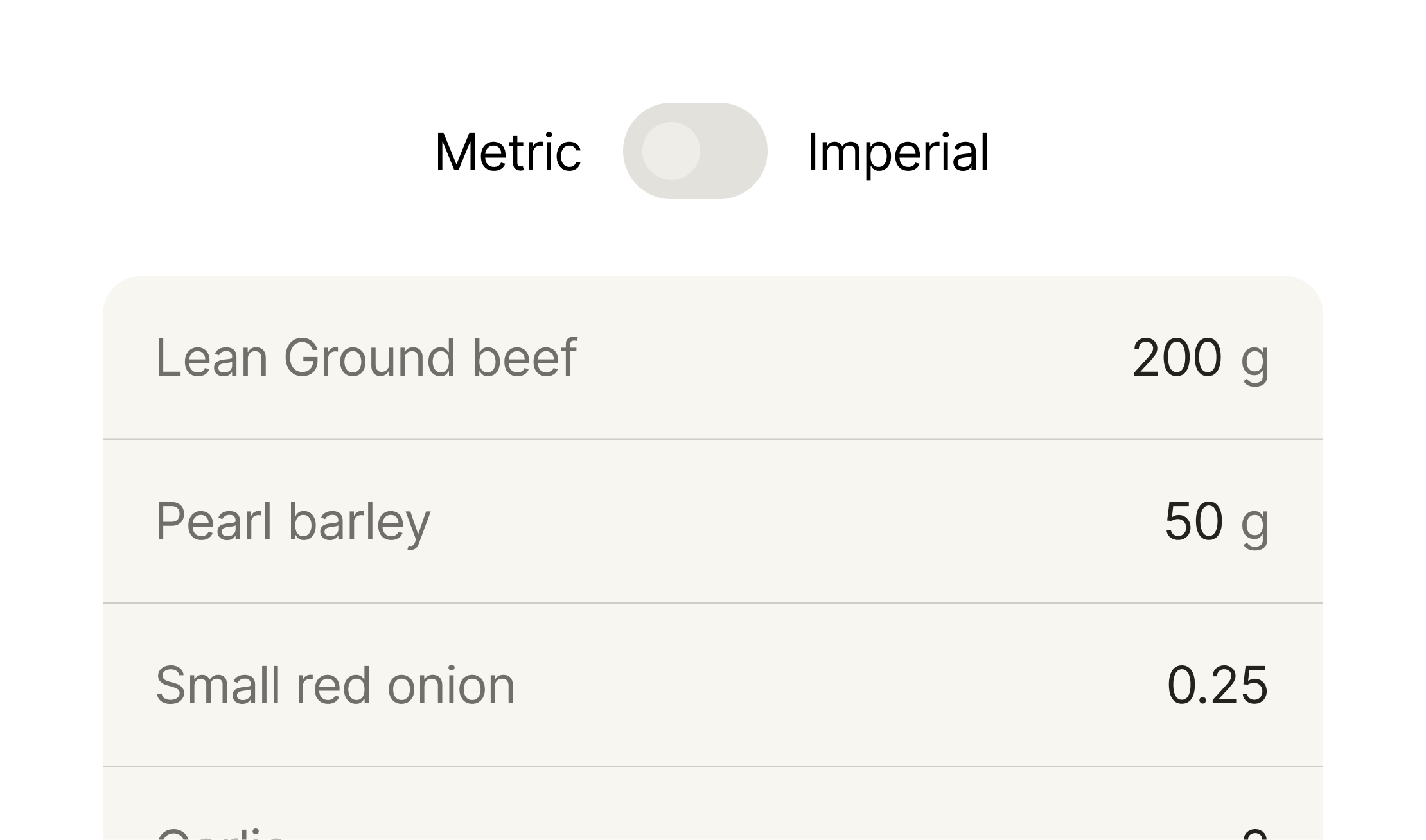 List of ingredients showing Lean Ground beef 200 g, Pearl barley 50 g, and Small red onion 0.25 with a toggle switch above.
