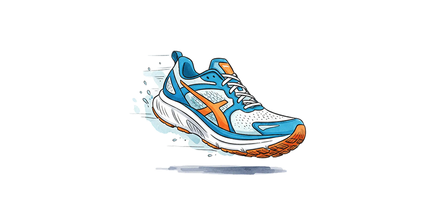 Illustration of a blue and orange running shoe with white laces and sole.