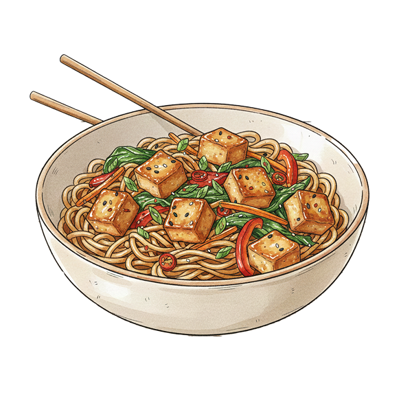 Bowl of noodles with tofu cubes, green vegetables, red chili slices, and chopsticks.