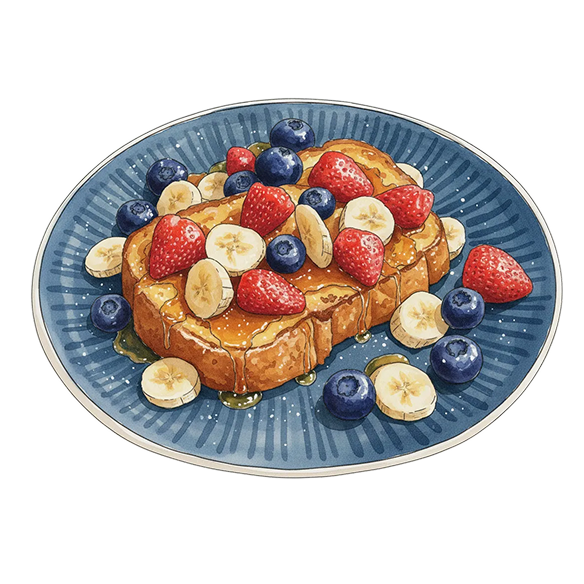 French toast topped with sliced bananas, strawberries, blueberries, and drizzled with syrup on a blue plate.