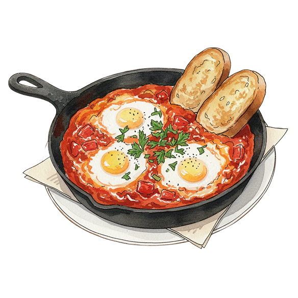 Cast iron skillet with three sunny-side-up eggs in tomato sauce garnished with parsley and two slices of toasted bread on a plate.
