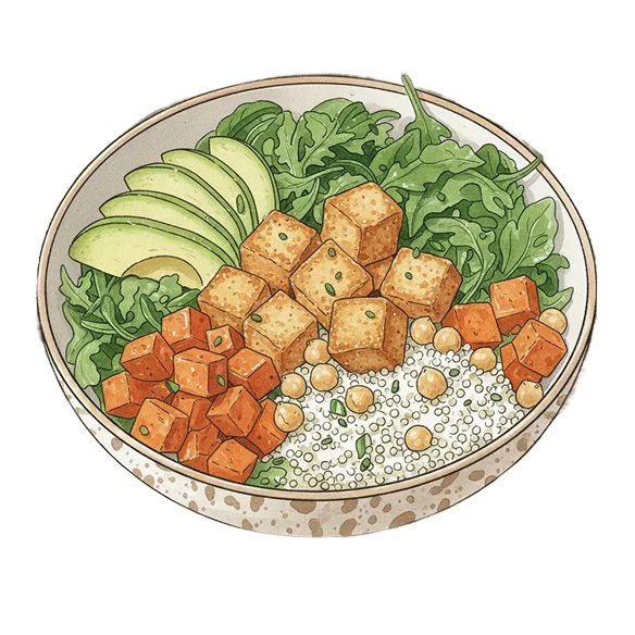 Bowl with sliced avocado, leafy greens, tofu cubes, chickpeas, and quinoa.