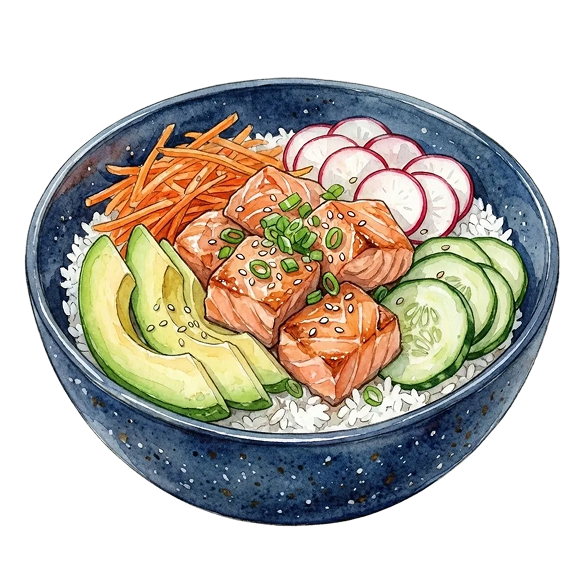 Bowl of rice topped with grilled salmon, avocado slices, cucumber slices, radish slices, and shredded carrots.