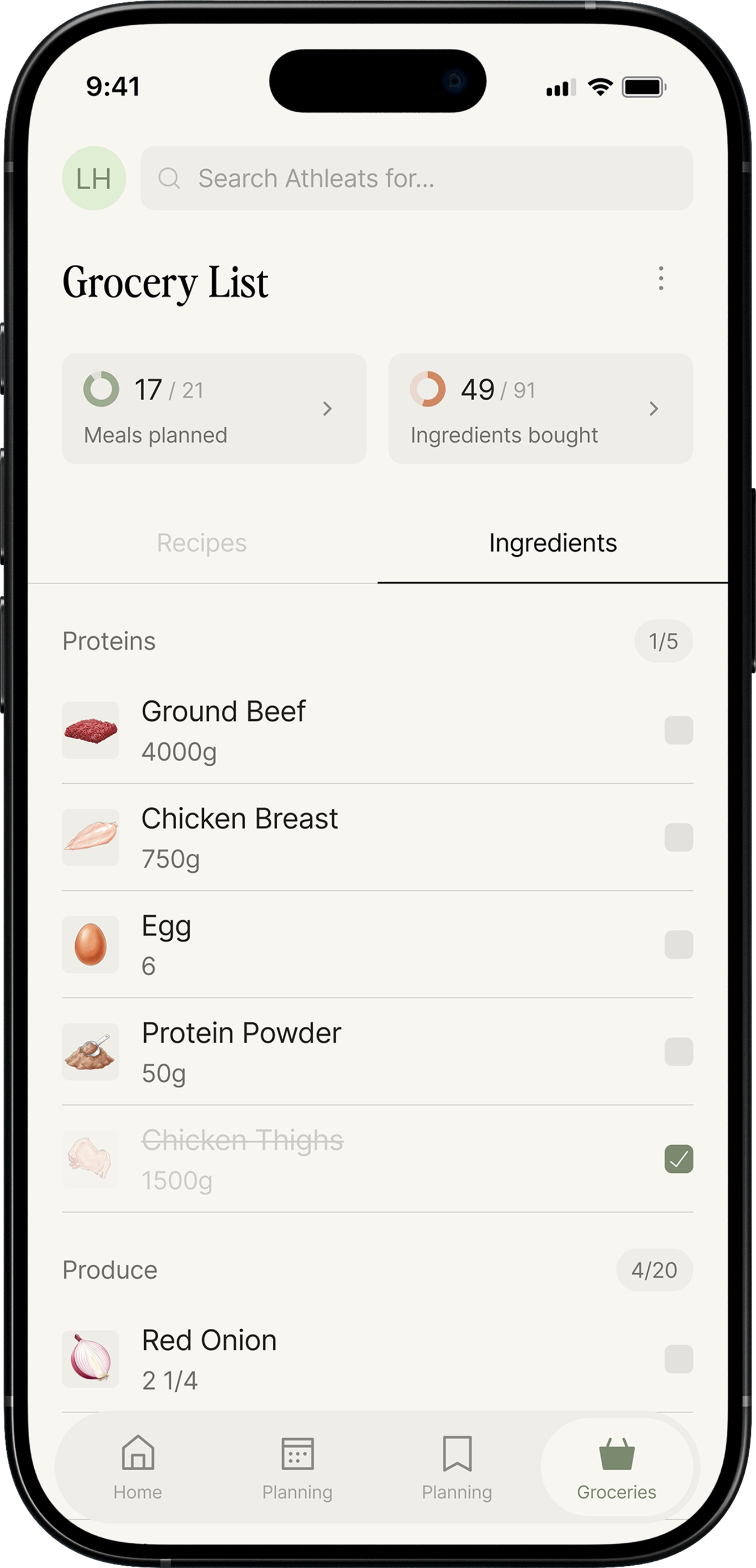 Smartphone screen showing a grocery list app with 17 of 21 meals planned and 49 of 91 ingredients bought, listing proteins like ground beef, chicken breast, eggs, protein powder, and produce including red onion.