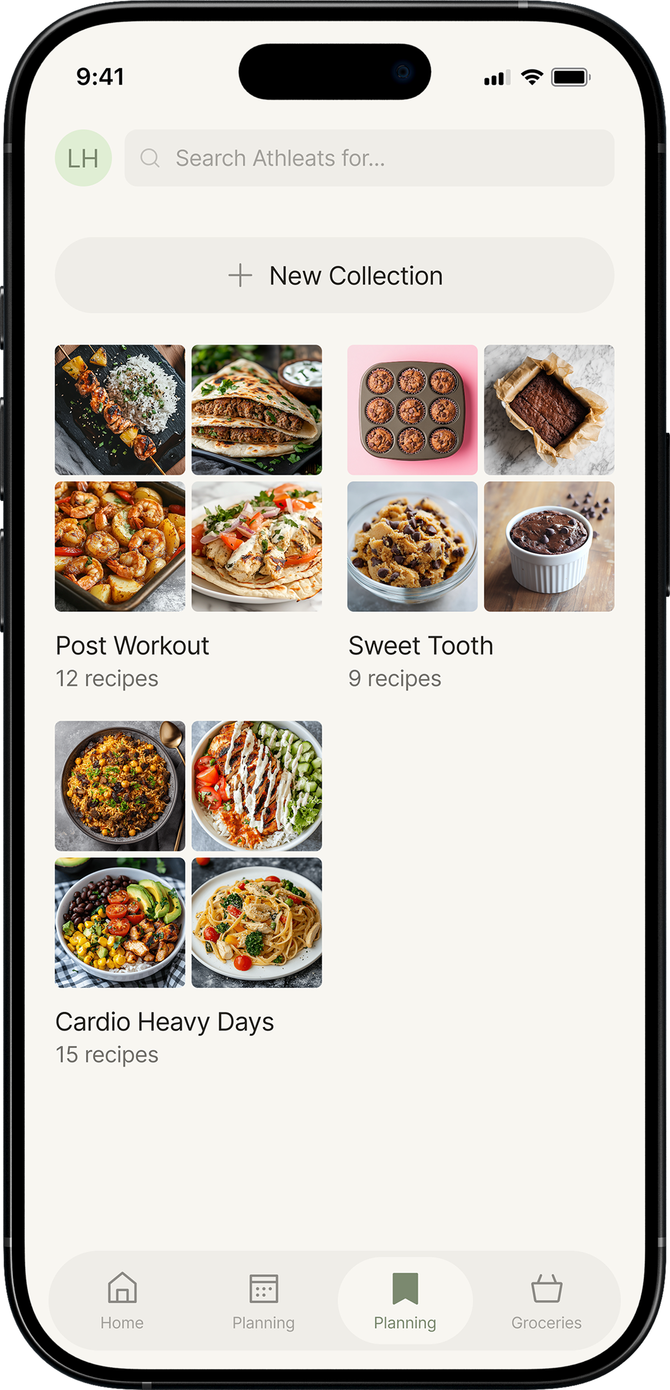 Mobile app screen showing recipe collections with photos under categories Post Workout, Sweet Tooth, and Cardio Heavy Days, each with multiple recipe images.