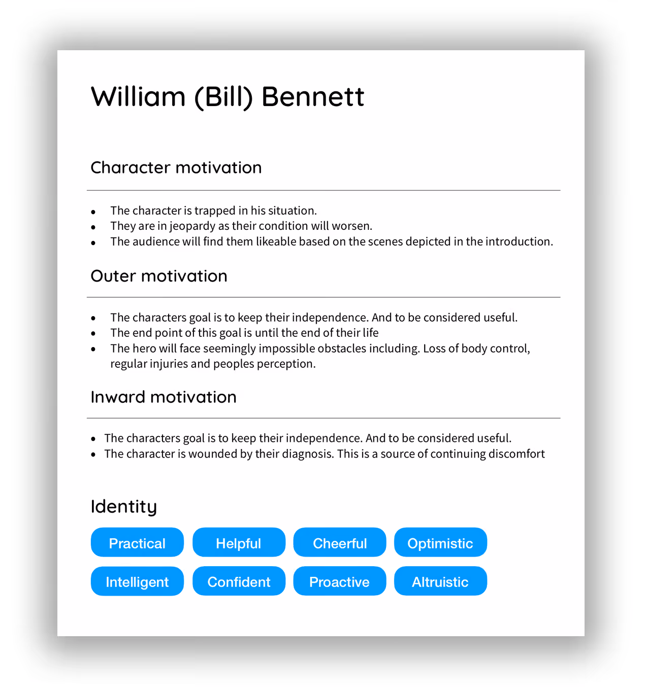 Image of character card showing character attributes and motivations