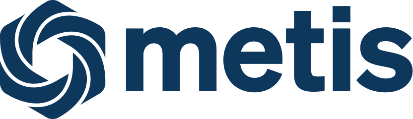 Metis company logo with a stylized hexagonal emblem made of six interlocking shapes next to the word 'metis' in lowercase blue letters.