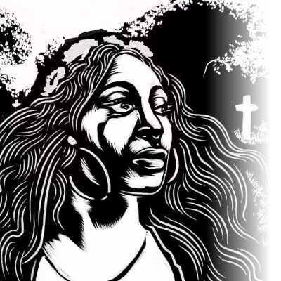 Black and white illustration of a woman with long flowing hair and hoop earrings looking contemplatively to the right, with a cross in the background among dark, textured foliage.