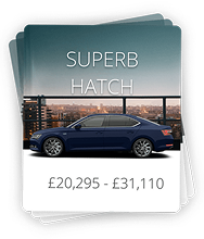 Blue Superb Hatch car parked indoors with price range £20,295 - £31,110 shown below.