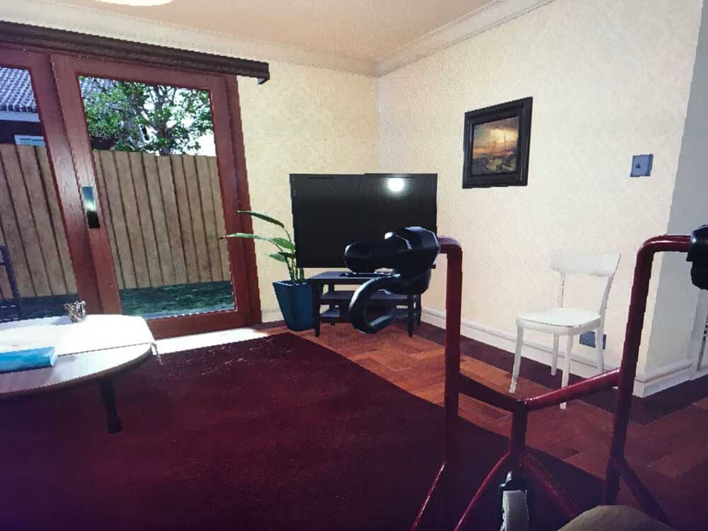 3D mockup of a living room with a sliding glass door, TV on a stand, potted plant, white chair, and burgundy carpet.