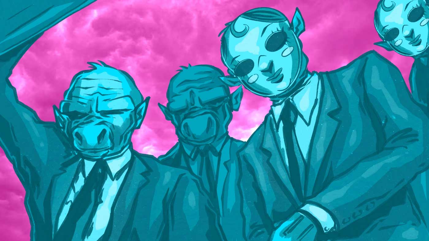Blue-toned illustration of four humanoid figures with animal-like faces in suits against a pink sky.