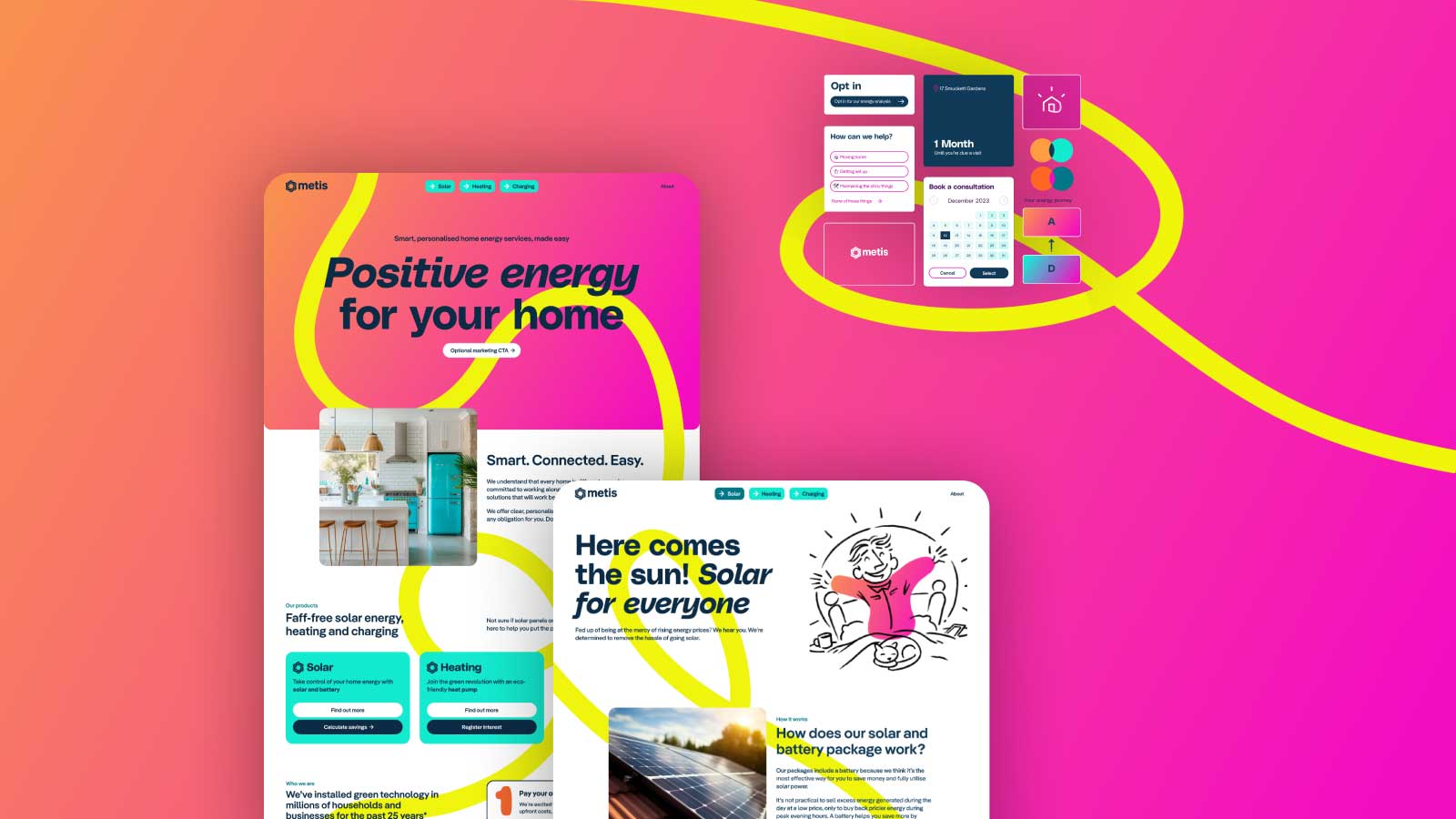 Text saying 'Save your energy' with a bright teal swirl on a pink-orange gradient background.