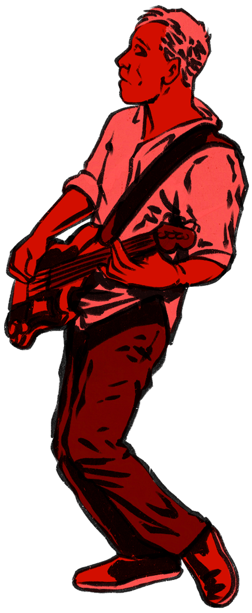 Illustration of a man playing an electric bass guitar, standing with one leg bent and wearing a rolled-up sleeve shirt, pants, and shoes, with a strap over his shoulder.