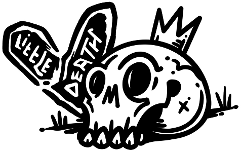 A black and white cartoon skull with irregular teeth, a crack on its forehead, and a speech bubble containing the words 'LITTLE DEATH' in stylized letters, with a small crown-like shape on top of the skull.