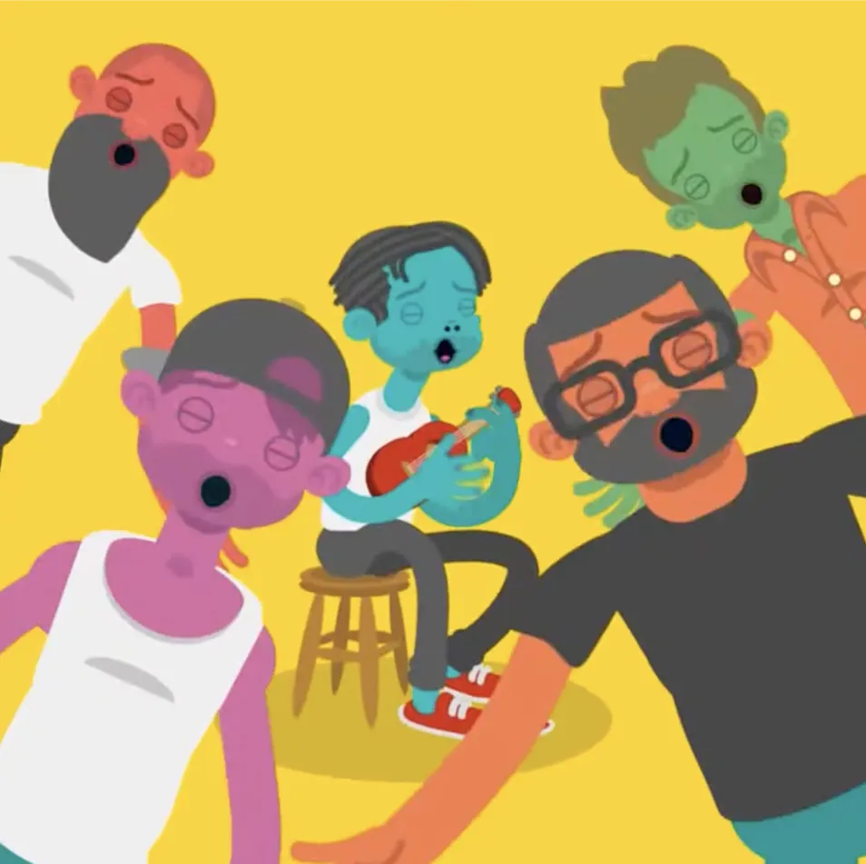 Illustration of five colorful cartoon characters singing together, one playing a small guitar while seated on a stool, set against a yellow background.