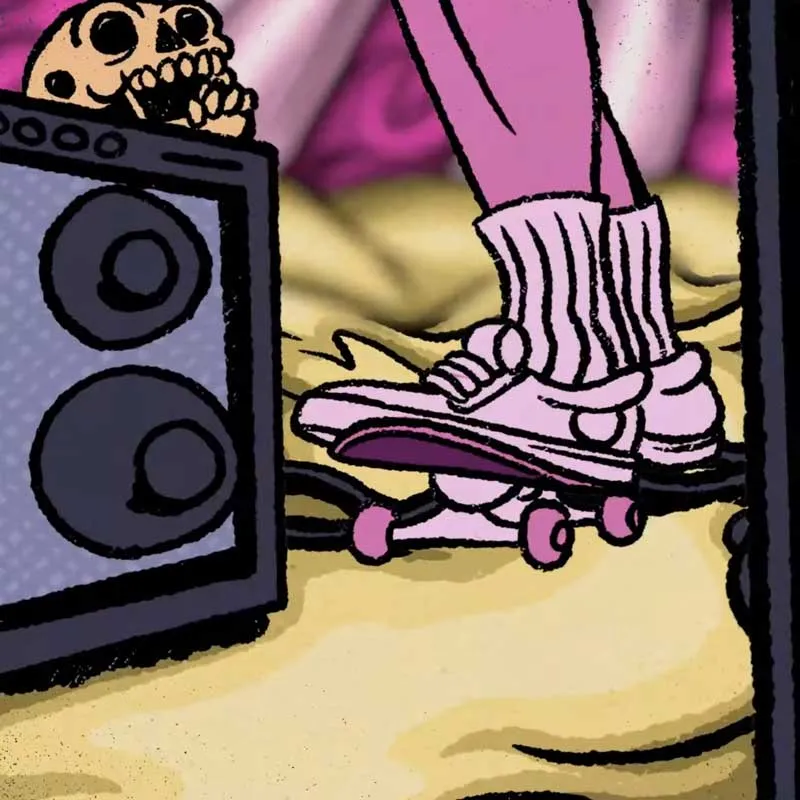 Illustration of a person wearing pink roller skates and pink striped socks standing near a large speaker with a small skull decoration on top.