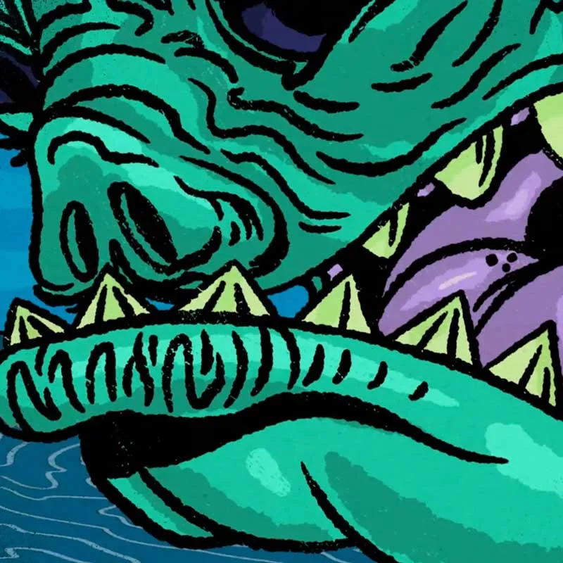 Close-up of a stylized green monster's face showing nostrils, sharp pale yellow teeth, and a purple tongue, with dark lines accentuating texture and details.