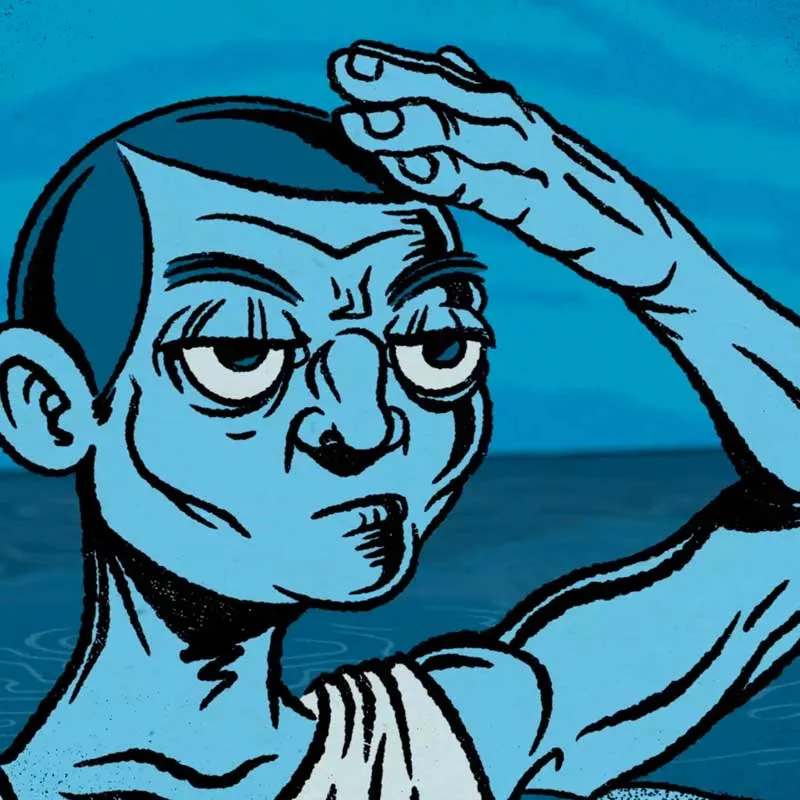 Stylized blue cartoon character with pronounced facial features, raising one arm and hand to its forehead, gazing intently into the distance against a blue background.