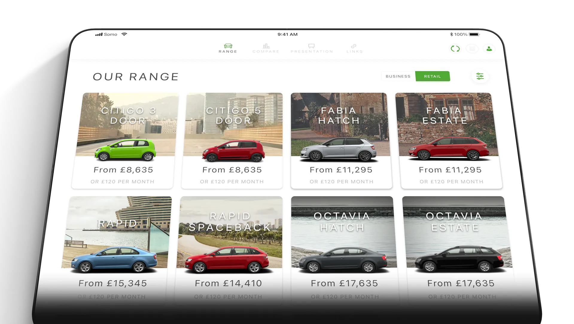 Tablet screen displaying a car range selection with eight models: Citigo 3 Door green from £8,635, Citigo 5 Door red from £8,635, Fabia Hatch silver from £11,295, Fabia Estate red from £11,295, Rapid blue from £15,345, Rapid Spaceback red from £14,410, Octavia Hatch grey from £17,635, and Octavia Estate black from £17,635, each with a finance option of £120 per month, under the retail category.