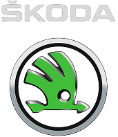 ŠKODA logo featuring the brand name in uppercase gray letters above a circular emblem with a green winged arrow on a white background.