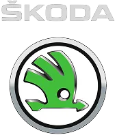 ŠKODA logo featuring the brand name in uppercase gray letters above a circular emblem with a green winged arrow on a white background.