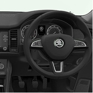 Interior view of a car dashboard featuring a black steering wheel with a central emblem, an instrument cluster with speedometer, and part of the infotainment screen and air vents on the left side.