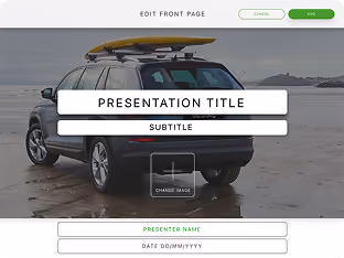 Webpage interface showing a presentation title slide editor with a background image of a black SUV parked on a beach with a yellow kayak on its roof, text fields for presentation title, subtitle, presenter name, and date, and buttons labeled Cancel and Add at the top.
