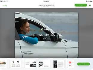 Woman smiling and resting her arm on the open window of a white car parked near a body of water, with the text 'ŠKODA KODIAQ Overview' overlayed on the image.